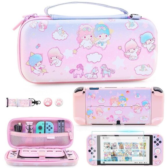 Nintendo Switch OLED Carrying Case Set Pink & Blue Travel Kit - Picture 1 of 7